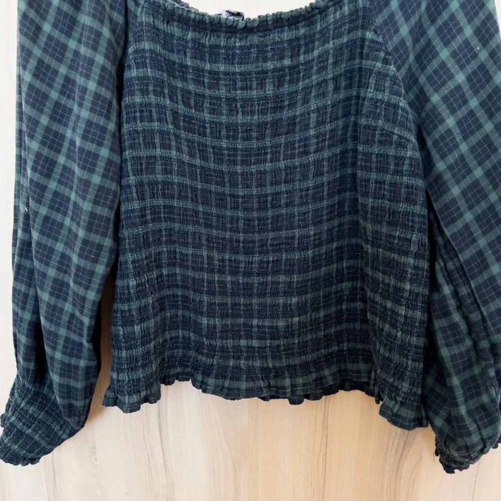 Madewell Plaid Long Sleeve‎ Top 1X Green Blue Smocked Academia Cottage Preppy